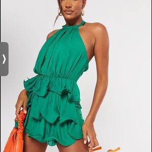 Green Tiered Frill Short Halterneck Romper